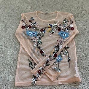 Pink net top! Perfect with a crop top underneath w/ bird and floral embroidery